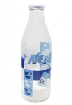 Weithalsflasche/Milchflasche 1000ml bedruckt blau inkl. Deckel weiss
